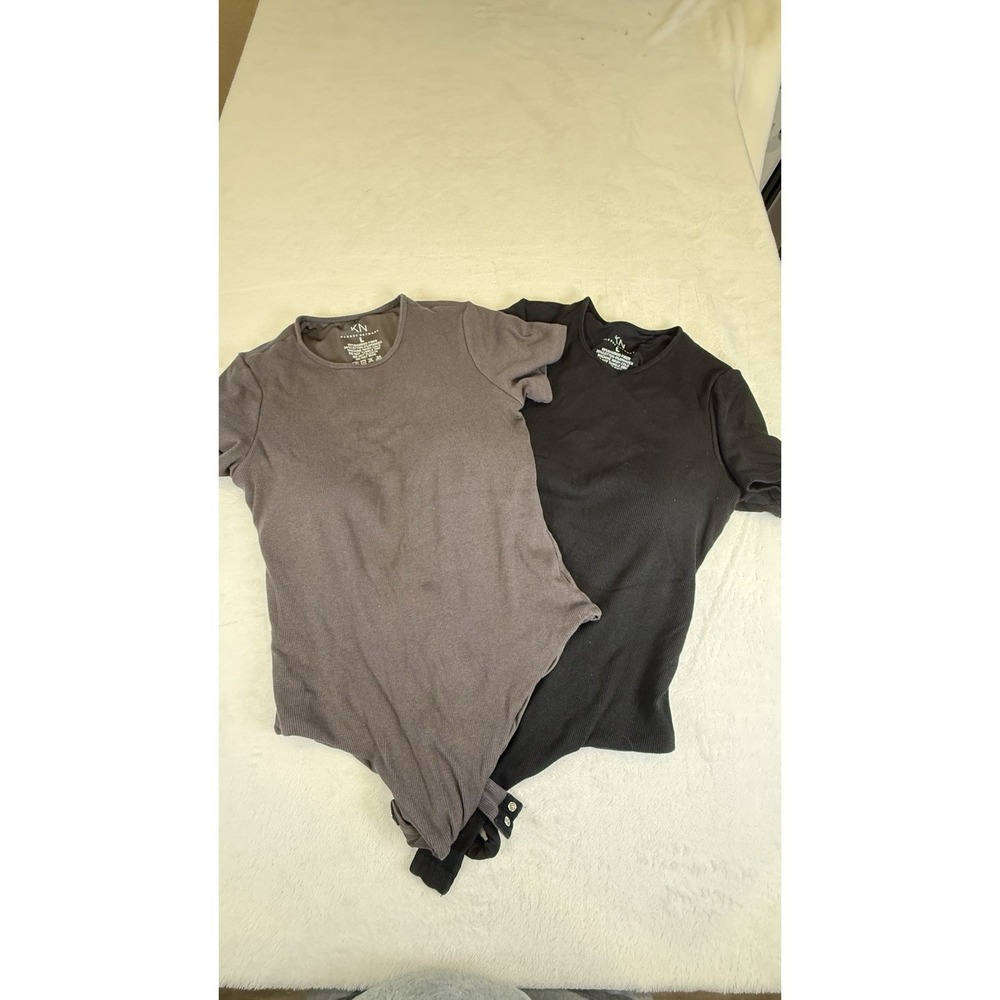 Klassy Network Bodysuit Lot Women L Ribbed Bamboo Cotton Black Gray Stretch